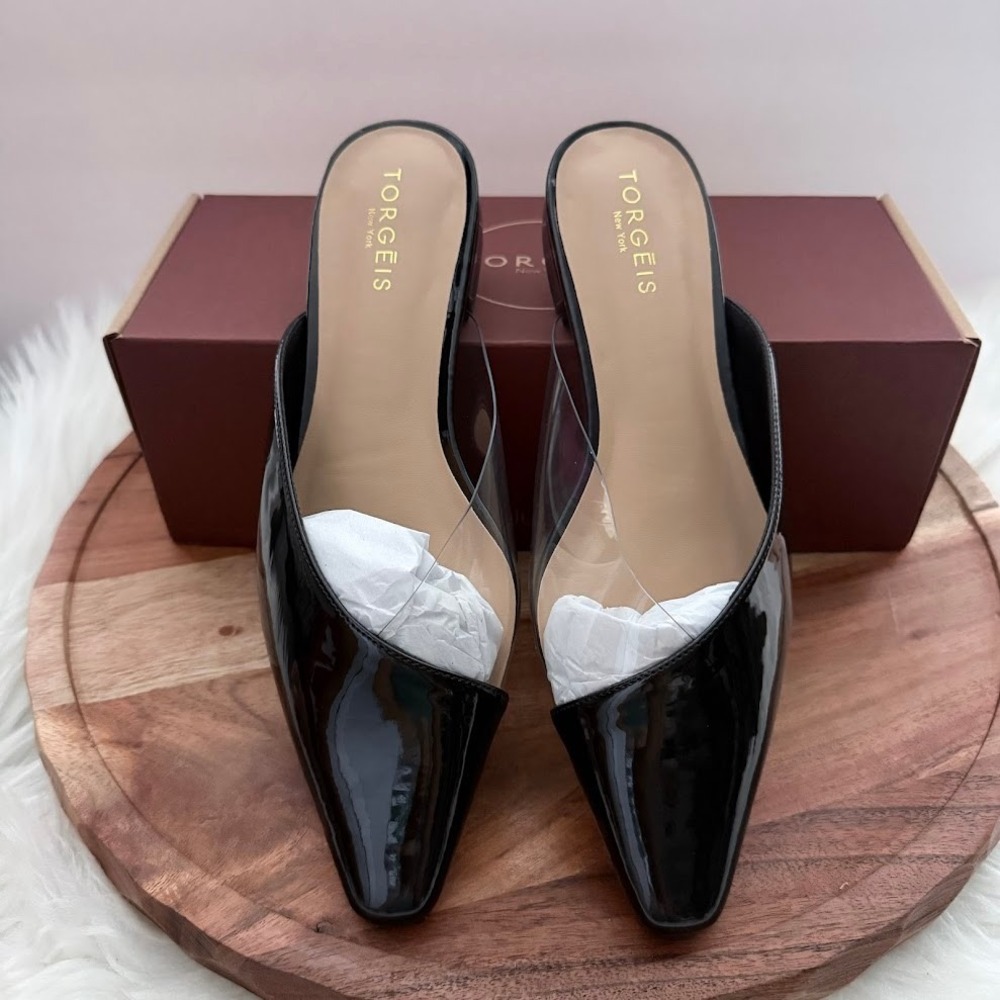 Torgeis Jaina Black Patent Clear PVC Pointed Womens 7.5 Toe Mules Low Block Heel